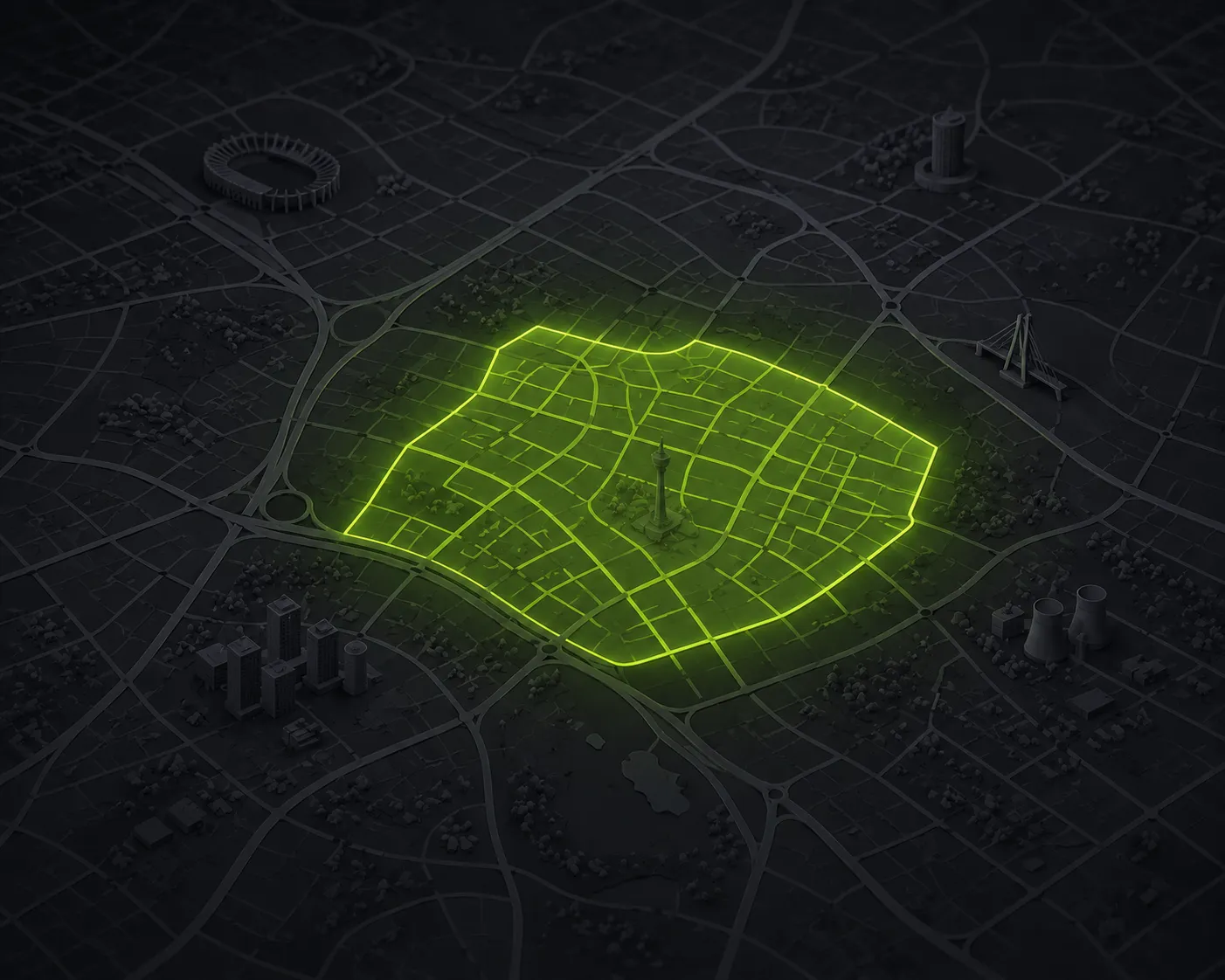 Abstract charcoal map of suburban Johannesburg streets with one neighbourhood highlighted in glowing lime-green and subtle landmark silhouettes.