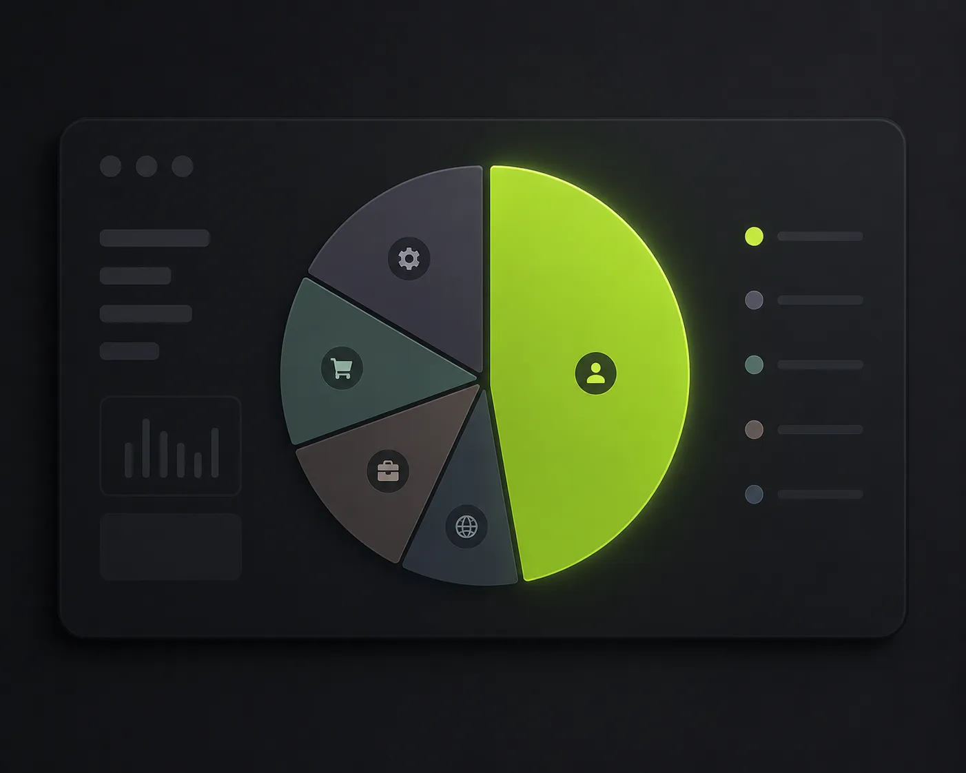 Minimal dark dashboard featuring a large pie chart with a glowing lime-green slice and subtle icon markers.