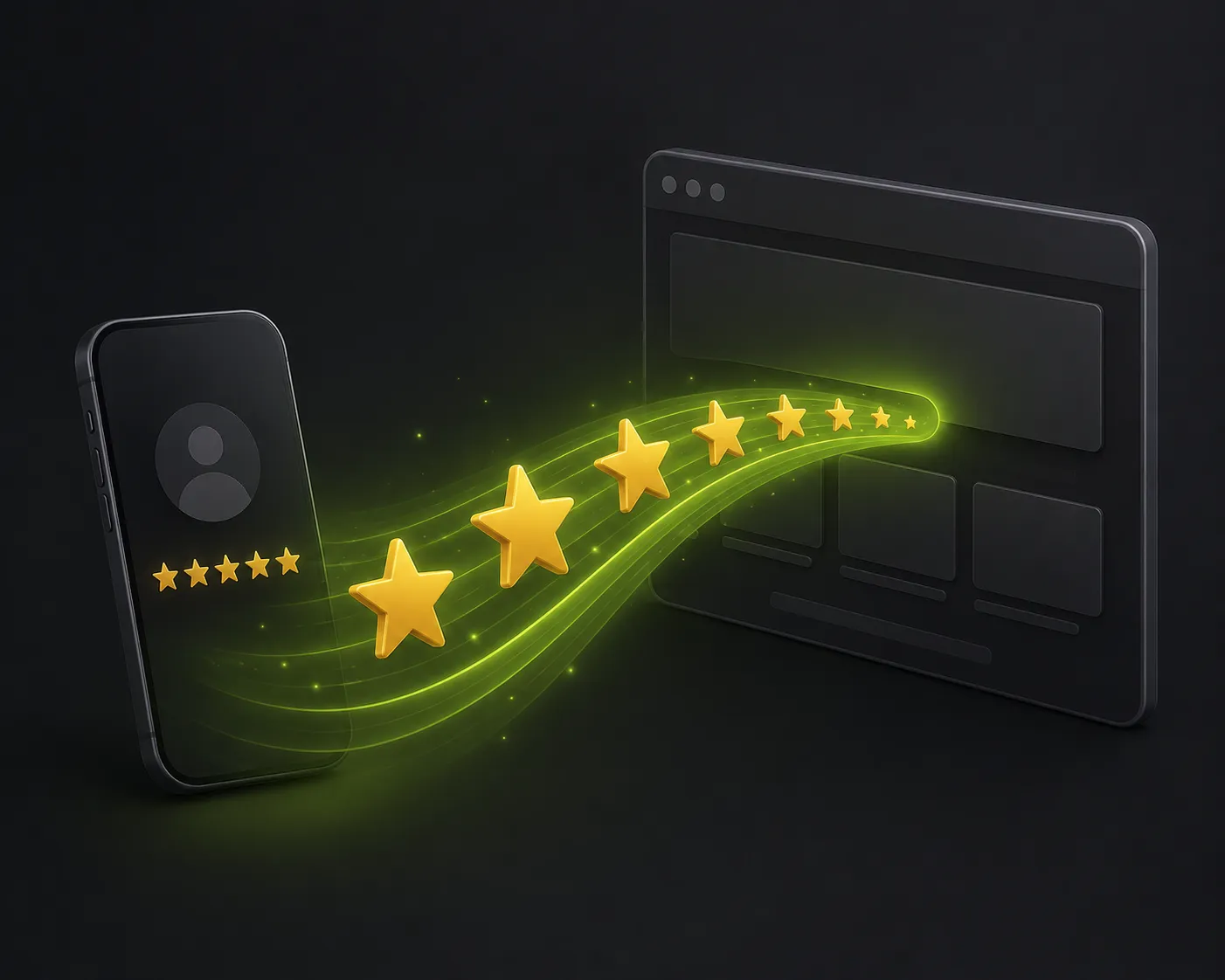 Smartphone sending golden review stars along a glowing lime-green trail toward a website window.