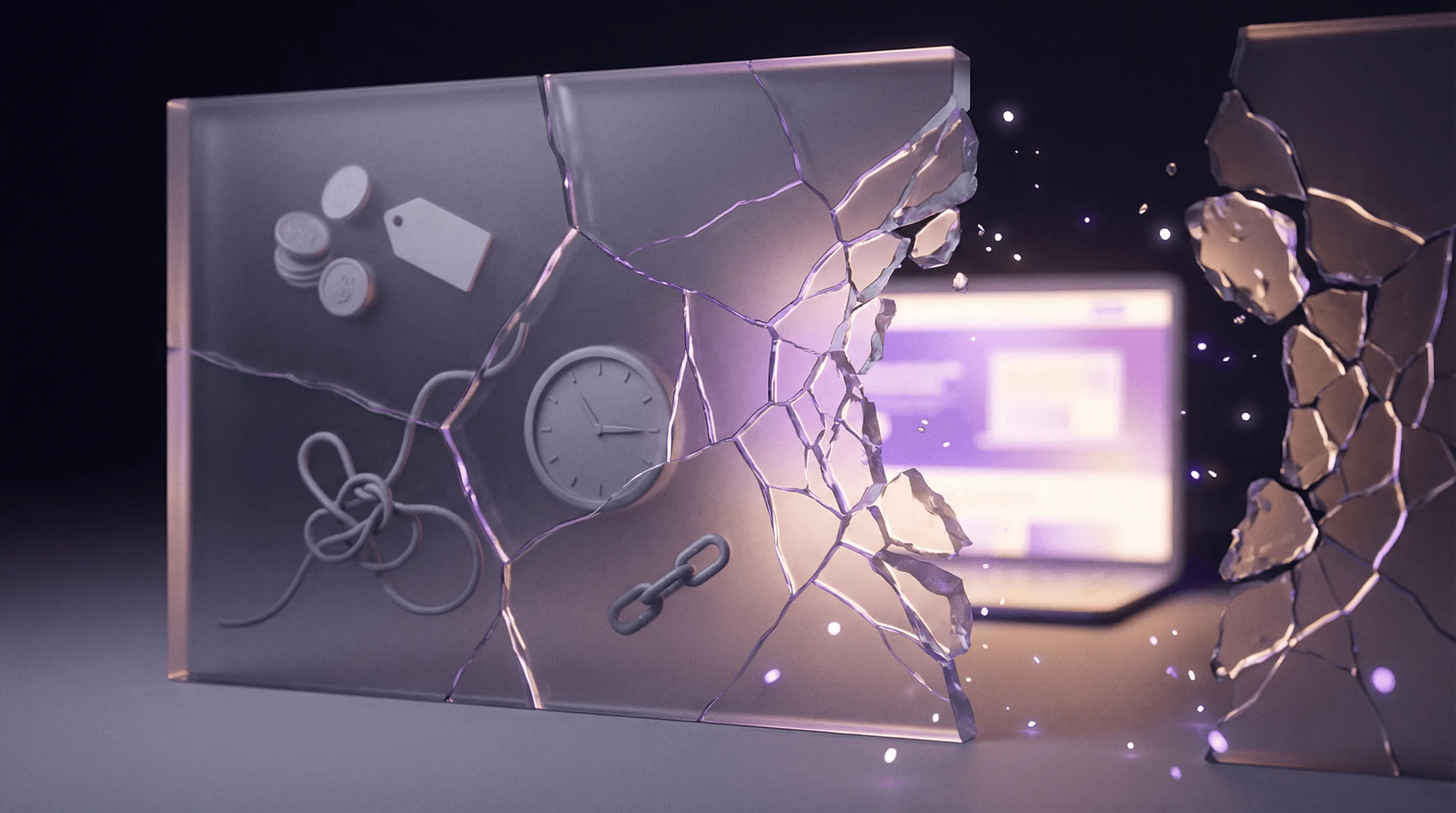 A glass pane shattering to reveal a glowing laptop, breaking through symbols of business constraints like a clock, coins, chains, and a tangled rope.