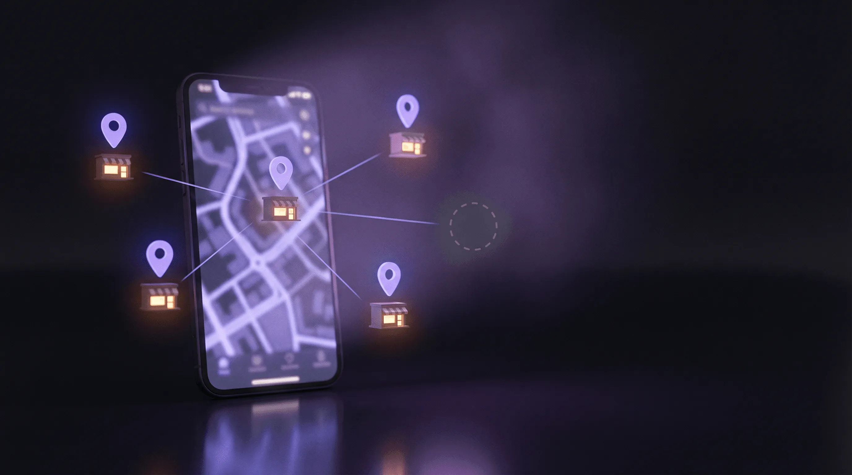 A smartphone displaying a map application with glowing purple location pins featuring small store icons hovering above the screen.