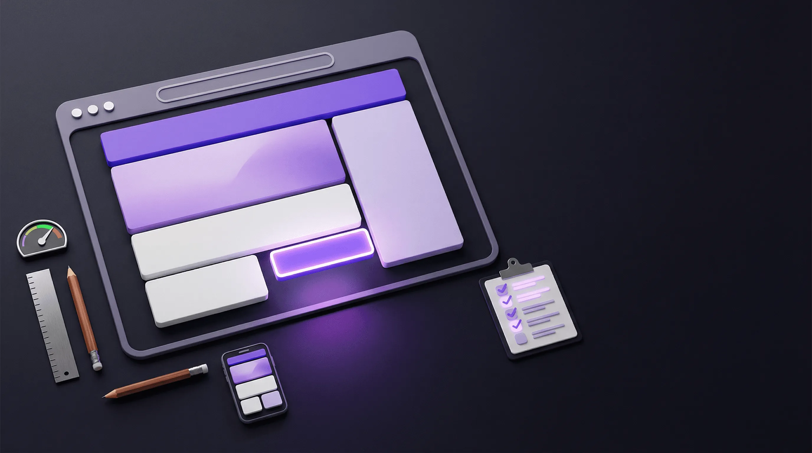 A 3D top-down view of a purple website wireframe interface accompanied by design tools like a ruler, pencils, a mobile phone layout, a speed gauge, and a checklist.