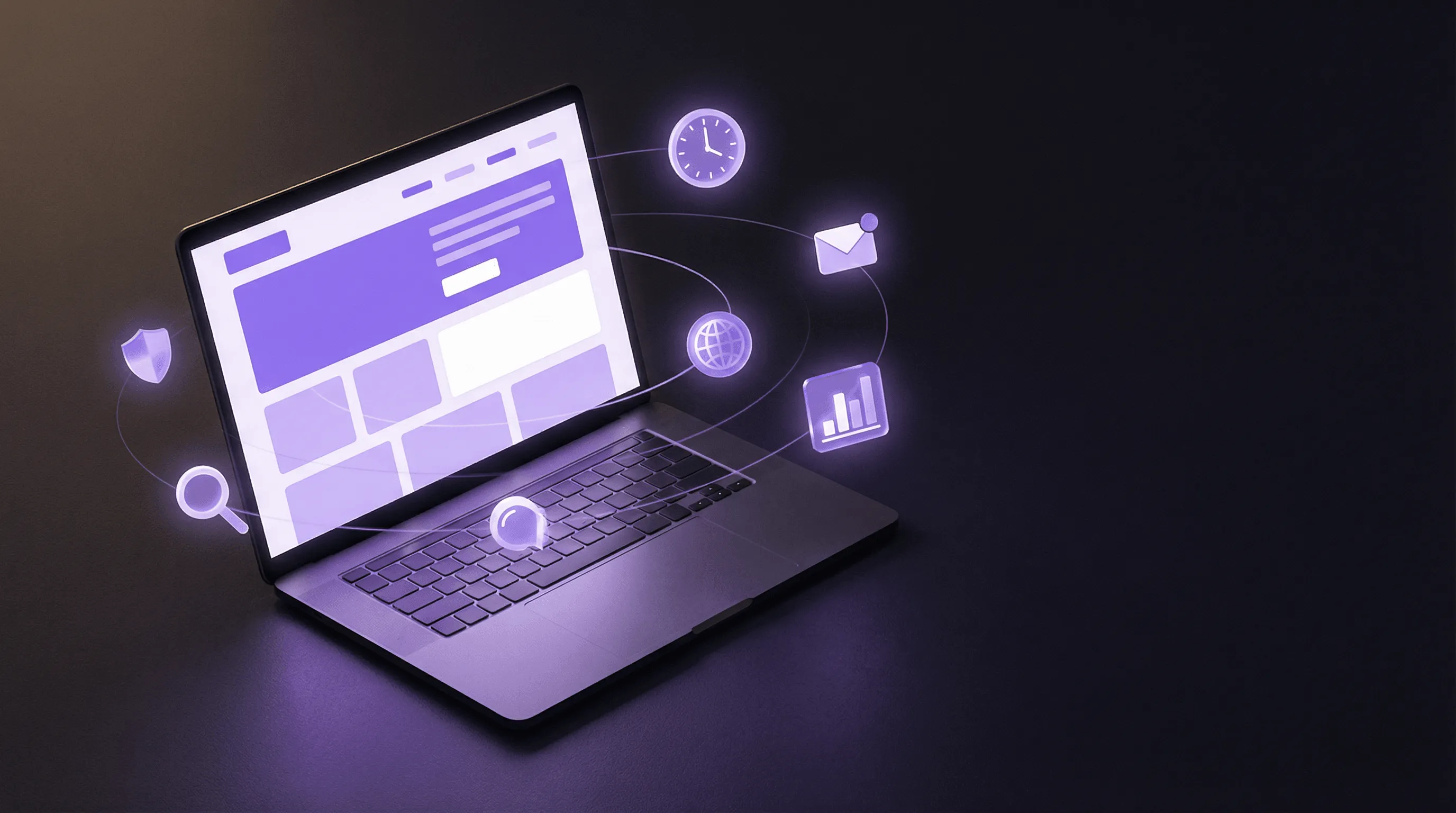 An open laptop surrounded by floating, glowing purple icons representing time, email, analytics, global reach, search, and security.