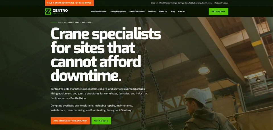 Zentro Projects — Overhead Crane Services website designed by MTJ Digital